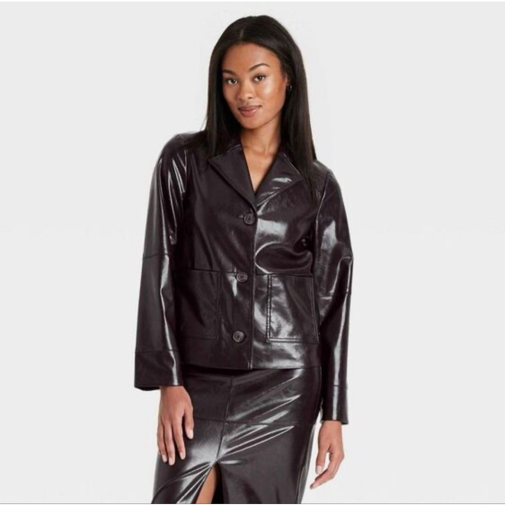 A New Day NWT faux leather jacket glossy brown L